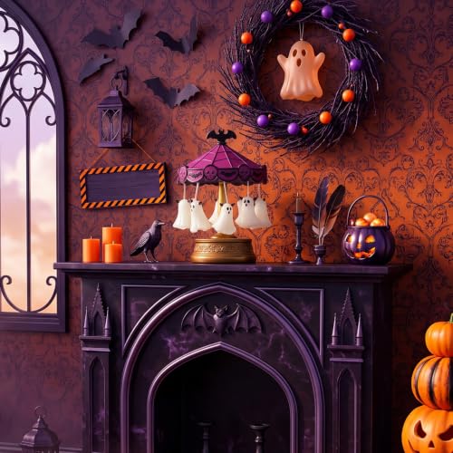 Halloween Ghost Carousel Night Light - Spinning Ghost Lantern Decor - Multicolor Spooky Lamp