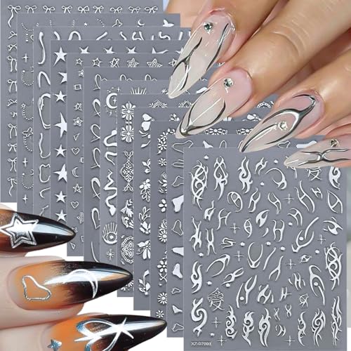 Silver Nail Art Stickers - 12 Sheets 3D Self-Adhesive Manicure Decals Style25