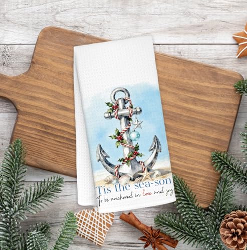 Nautical Anchor Coastal Christmas Kitchen Towels - 16x24 Inch Hand Towels for Bathroom & Kitchen Decor