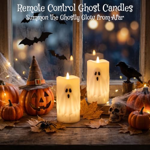 Ghost Flameless Candles with Remote Timer - 2PCS Halloween Decor