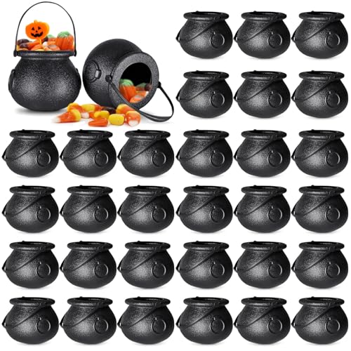 Black Halloween Plastic Candy Cauldrons - 30 Mini Witch Buckets with Handles for Party Favors & Decor - Variation of Black 30pcs