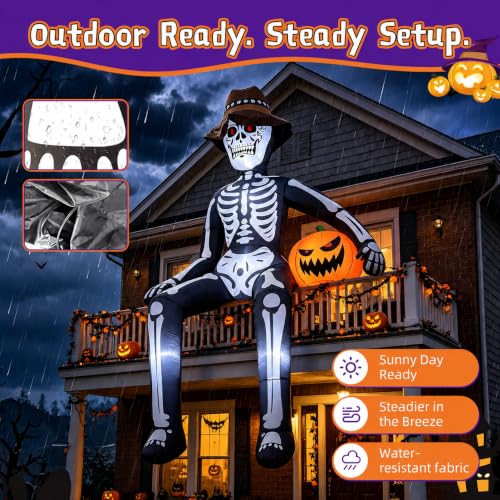 10FT Sitting Skeleton Halloween Inflatable with LED Lights - Outdoor Decor, Ghostly Skeleton with Pumpkin, Variation: Sitting Skeleton