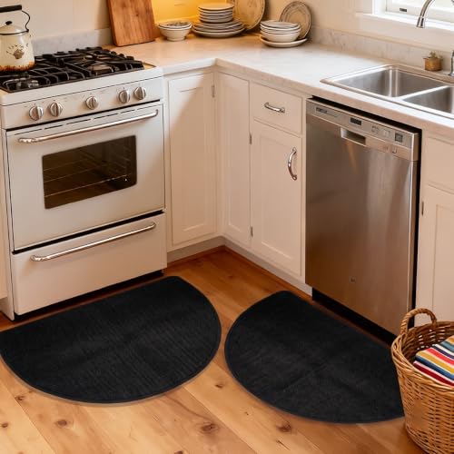 Nanstone Black Half Circle Kitchen Rugs Set of 2 - 17x30 Inches, Non-Slip, Durable