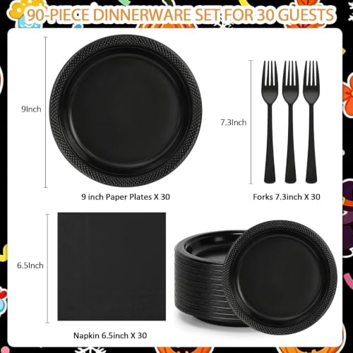 Black Plastic Dinner Plate Set - 30 Pack 9-Inch Disposable Plates & Napkins - Black / 30 Set