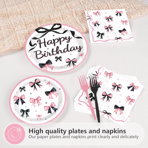 Black Pink Bow Birthday Party Supplies Set - Serves 24, 96 Pieces