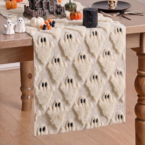 Halloween Ghost Table Runner Beige Plush 13x72 Inch Fall Decor - Variation of Ghost