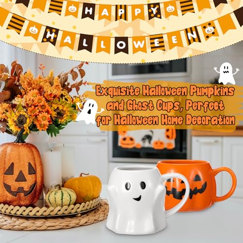 Halloween Pumpkin & Ghost Ceramic Mug Set - 4 Pcs, 14oz Holiday Coffee Cups - Variation 4