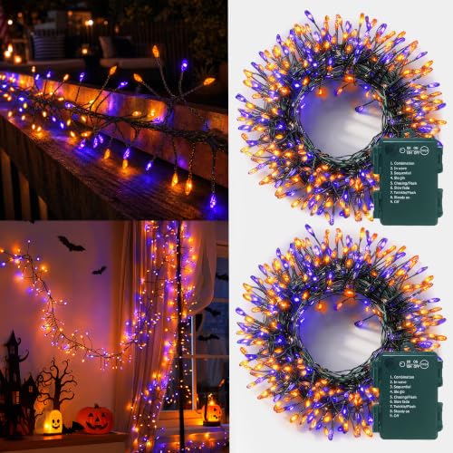 Halloween String Lights 2 Pack Orange & Purple Battery Fairy Lights - 9.8ft, 8 Modes, IP65 Waterproof, Battery Operated