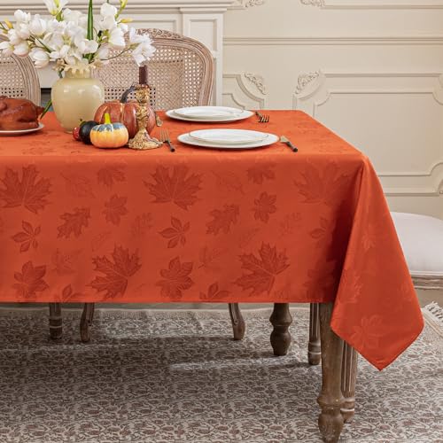 Autumn Maple Leaf Jacquard Rectangle Tablecloth - Burnt Orange, 60 x 102 Inches, Fall Decor
