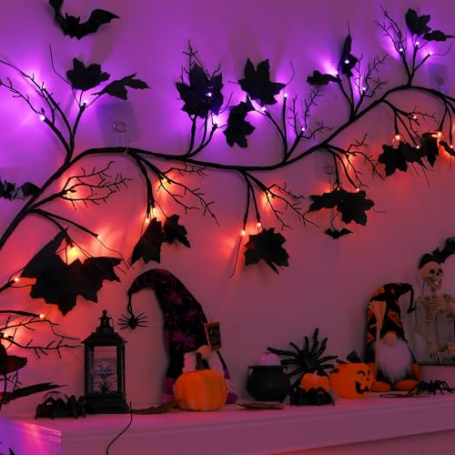 Halloween Willow Vine Twig Garland with 72 LED Lights - 9ft Orange & Purple, 8 Modes & Timer