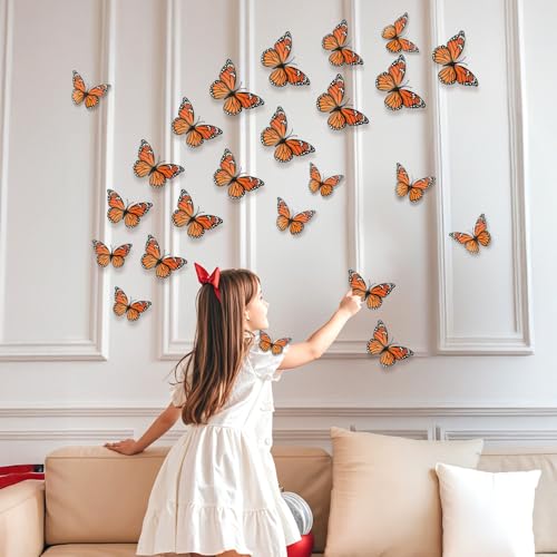 Orange 48 Pcs Monarch Butterfly Wall Decor - Realistic 3D Artificial Butterflies for Autumn & Home Decor