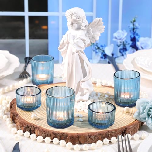 Blue Ribbed Votive Candle Holders Set - 20 Pcs, Assorted Sizes, Wedding & Party Decor Variation of Blue / 20