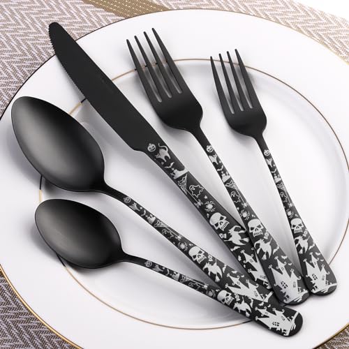 Matte Black Halloween Skull Silverware Set - 40 Piece Flatware for 8