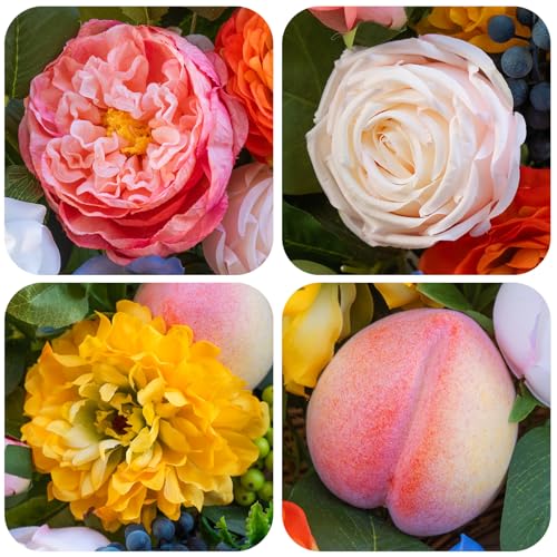 Spring Wreath for Front Door 24 Inch Vibrant Garden-Inspired Decor with Flowers & Fruit Accents