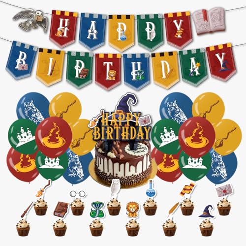 Magical Birthday Party Decorations Set with Banner Balloons Cake Toppers for Kids & Halloween