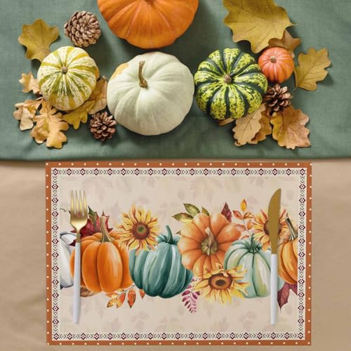 Fall Placemats Set of 4 - Pumpkin Sunflower Autumn Table Decor, Washable Cotton Linen