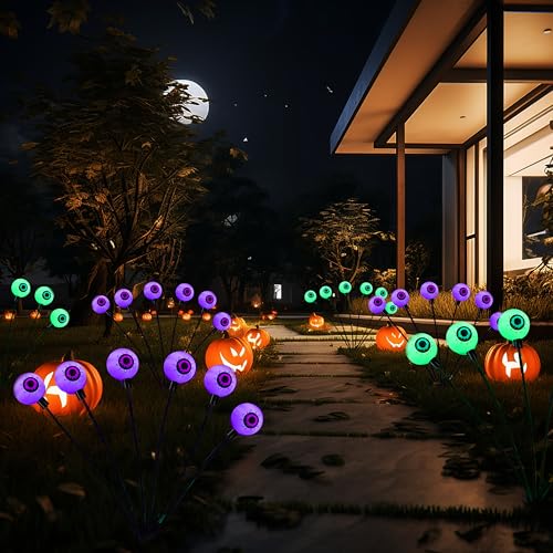 Eyeball Halloween Outdoor Solar Lights 4 Pack Waterproof Green Purple Scary Decor