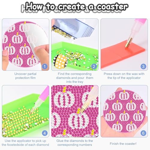 Pink Halloween Diamond Art Coaster Kit with Holder - DIY 8 Pcs for Adults