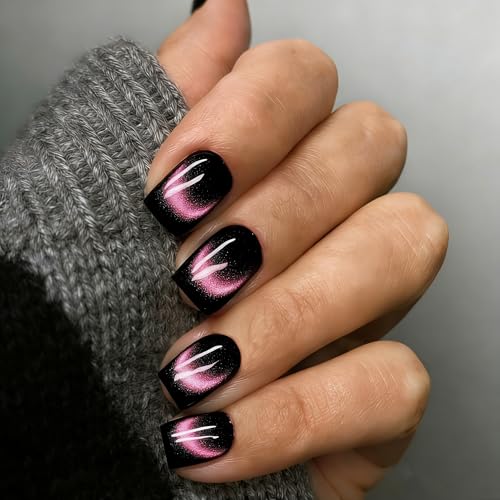 Cat Eye Short Press-On Nails with Glitter Finish - Black Pink Square Variation