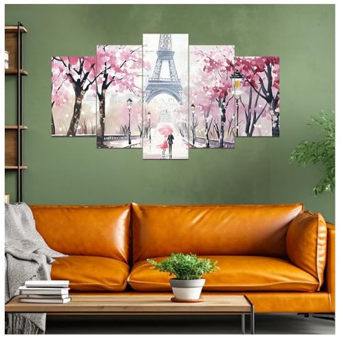 Pink Paris Canvas Wall Art Set - 5 Pieces Eiffel Tower Landscape Prints, White Frame, Romantic Home Decor, Variations: White / 8x14in x2, 8x18in x2, 8x22in x1