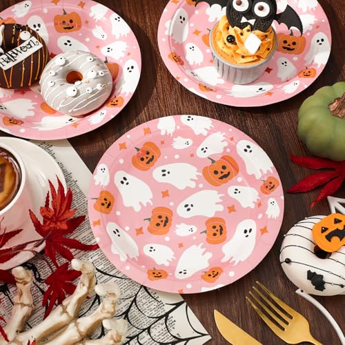 Pink Ghost & Pumpkin Halloween Paper Plates 7 Inch - 24 Pack Disposable Party Tableware