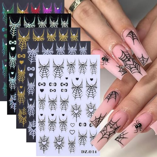 Halloween Nail Stickers 3D Self-Adhesive Nail Decals Love Spider Web - Gold Black White Rainbow, 5 Sheets