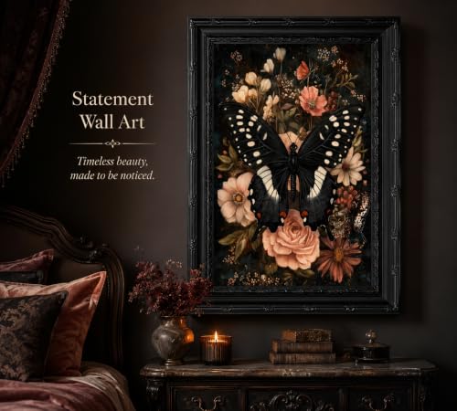 Black Gothic Butterfly Canvas Wall Art - Framed 16x12 Inches - Dark Decor