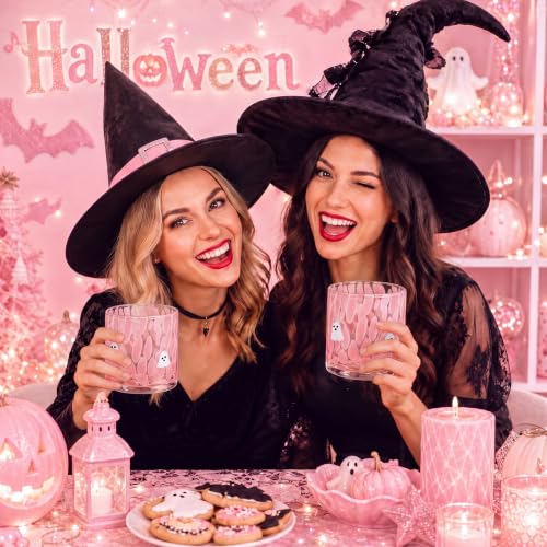 Pink Ghost Icon Glass Cups — Halloween Drinkware Set, 14 oz, 2 Pack