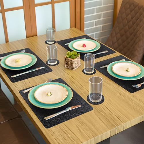 Black Faux Leather Halloween Placemats & Coasters Set of 6 - Non-Slip Waterproof Heat-Resistant Table Mats
