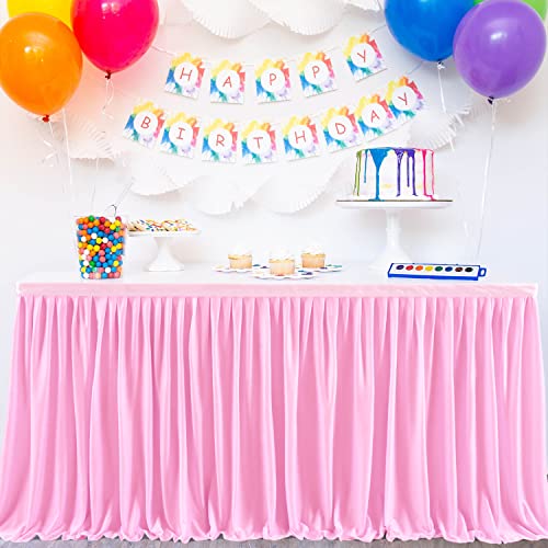 Pink 17ft Ruffle Table Skirt for Rectangular Tables Wedding Party Banquets - Pink / 203" x 30"