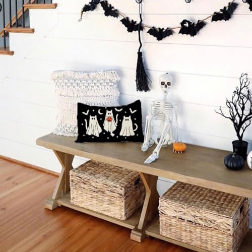 Halloween Throw Pillow Cover 12x20 Ghost Cat Black - Farmhouse Decor