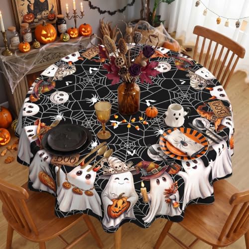 Halloween Ghost Black Round Tablecloth 70 Inch - Washable Fabric, Spider Web & Ghost Design