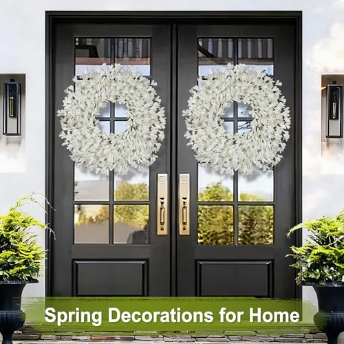 Spring Wreath for Front Door - 26 Inch Artificial Forsythia, All Season Outdoor Decor - White-R