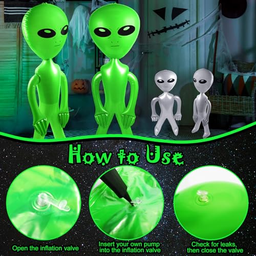 Giant Inflatable Alien Balloon Set - 2 Large 63In Green + 2 Small 31.5In Silver Space Party Decorations