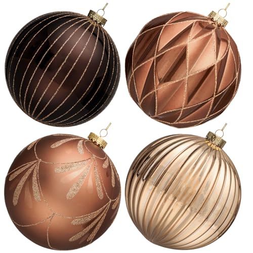 Large Christmas Ornaments Set - 6 Inch Shatterproof Plastic Holiday Bulbs - Brown - 4 Pack