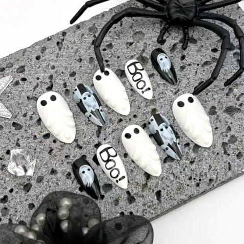 Halloween Fake Nails - Medium Almond 3D Gothic Ghost Design - Variation of THIS listing