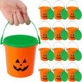 12 Pack Halloween Pumpkin Trick or Treat Buckets with Handle and Lid - Orange Plastic Candy Pails