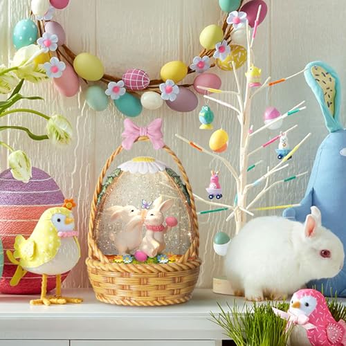 Easter Snow Globe Lantern with Bunny Basket & Egg - Swirling Glitter, Timer, USB/Battery