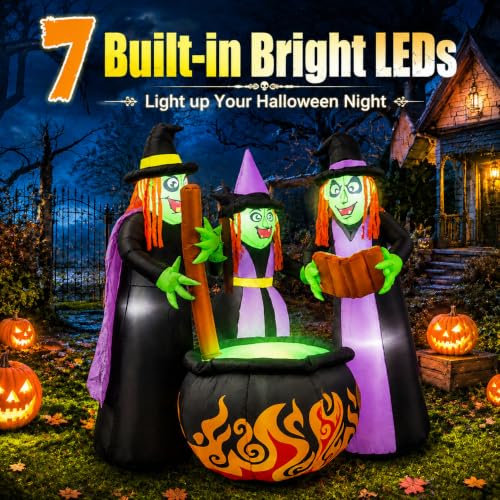 6 FT Halloween Inflatable Witch Scene - Black Witches Around Cauldron with Built-in LED Lights Outdoor Decorations
