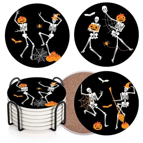 Halloween Coasters for Drinks - Set of 6 Ceramic Stone Pumpkins with Skull Variation