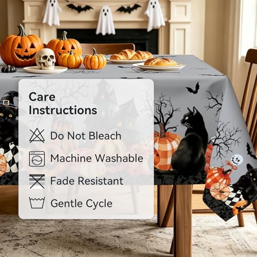Fall Pumpkin Plaid Cat Bat Tree Rectangle Table Cloth 60x84 Inch