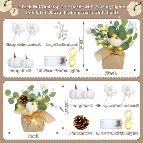 Autumn Fall Decorations Set with Pumpkins Eucalyptus & LED Lights for Thanksgiving & Table Centerpieces