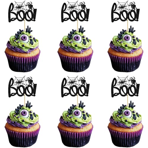 Halloween Boo Cupcake Toppers Glitter Spider Web Bat Cake Decorations - Style 4 Black