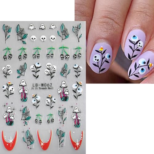 Halloween Ghost Nail Stickers 4 Sheets with Flower & Spider Web Designs - DIY Nail Art Decals