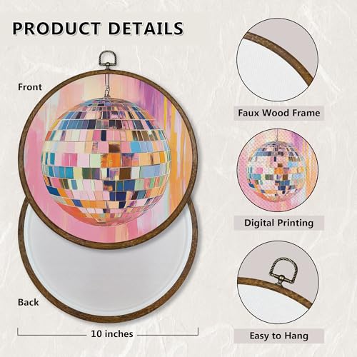 Disco Ball Wall Art Decor - Pink Funky Round Canvas for Bedroom & Kids Room