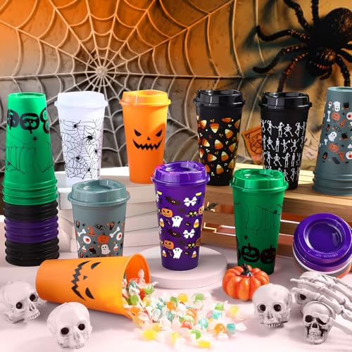 Halloween Reusable Plastic Cups Bulk 16 oz with Lids - Pickmesh 28 Pack Variation