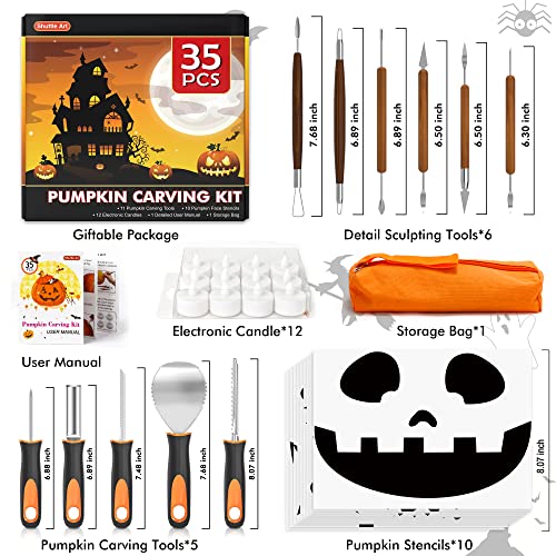 Halloween Pumpkin Carving Kit with Stainless Steel Tools & Stencils - Safe & Reusable