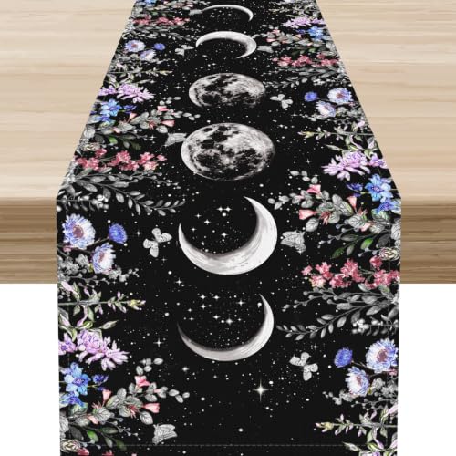 Boho Floral Table Runner - Moon Flower-10, 13x36in, Spring Wildflower Decor