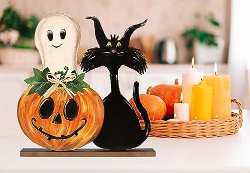 Halloween Wooden Signs Indoor Decor - Pumpkin Ghost Rustic Farmhouse Table Signs
