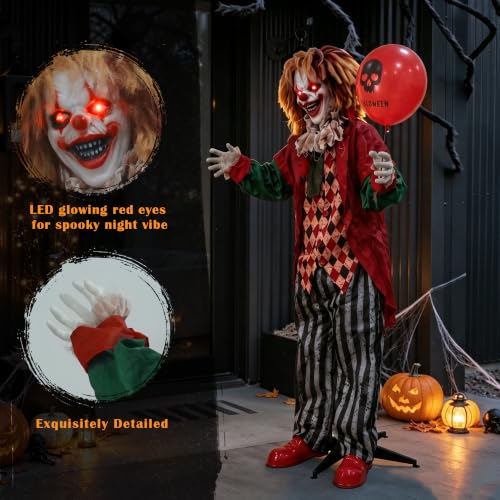 Halloween Animatronic Clown Decor - Life-Size Standing Haunted House Prop with Lighted Eyes & Sound